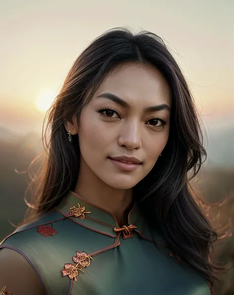 beautiful woman (Koh_FlorenceFaivre:.99), beautiful hair, elegant, ( plain) , hair blowing in wind, wind lift, natural skin texture, (traditional red (Cheongsam:1.4) dress), sunset, cute smile, 24mm, 4k textures, soft cinematic light, adobe lightroom, photolab, hdr, intricate, elegant, highly detailed, sharp focus, ((((cinematic look)))), soothing tones, insane details, intricate details, hyperdetailed, low contrast, soft cinematic light, exposure blend, hdr, faded,
