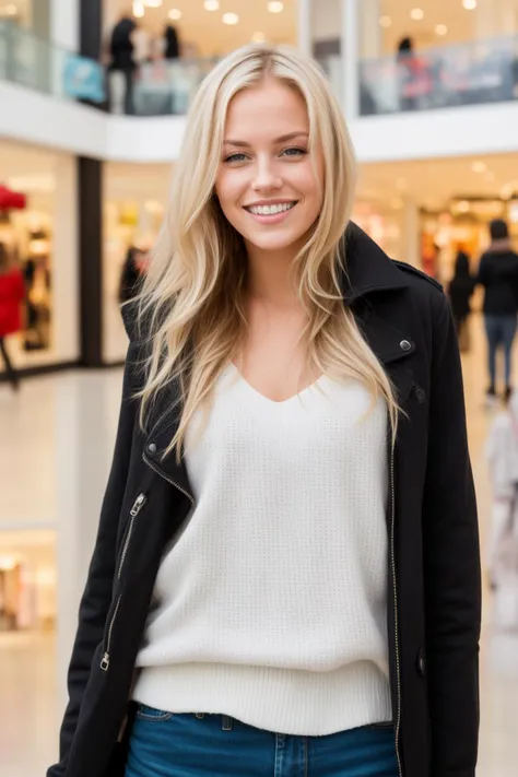 norwegian amateur girlfriend, blonde hair,blue eyes, grinning, at the mall, rocker-chic,