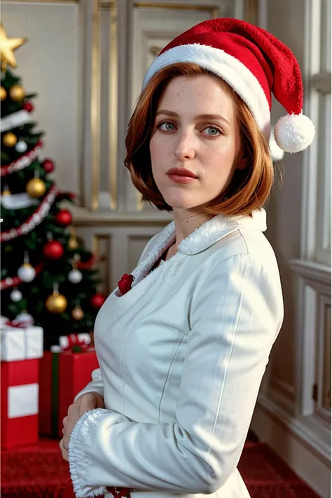 <lora:DanaScullySD:0.8> Dana Scully in a christmas outfit,red hat with white ball on top, red dress with white fur