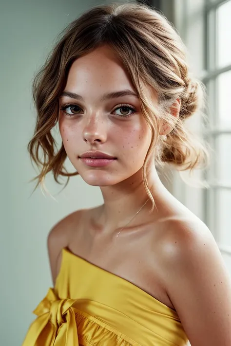photo of beautiful (4l4n4bc:0.99), a woman with perfect hair upsweep updo, wearing (shoulder sash:1.1), (plain yellow background:1.1), modelshoot style, (extremely detailed CG unity 8k wallpaper), professional majestic photography, ((smiling:1.2)), (Leica M6 Camera), 24mm, exposure blend, hdr, faded, extremely intricate, High (Detail:1.1), Sharp focus, dramatic, soft cinematic light, (looking at viewer), (detailed pupils), 4k textures, soft cinematic light, adobe lightroom, photolab, elegant, ((((cinematic look)))), soothing tones, insane details, hyperdetailed, low contrast