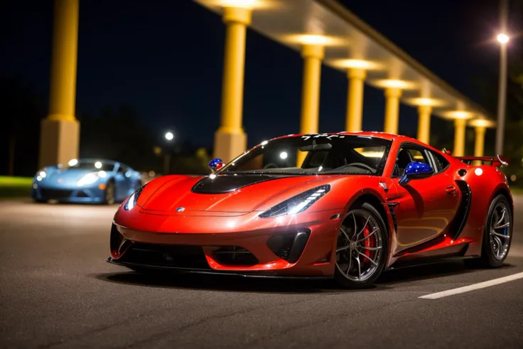 luxury exotic sports car night photography casino driveway 200mm zoom lens f/1.4 (masterpiece:1.2) (photorealistic:1.2) (bokeh) (best quality) (detailed skin:1.3) (intricate details) (8k) (HDR) (analog film) (canon d5) (cinematic lighting) (sharp focus)