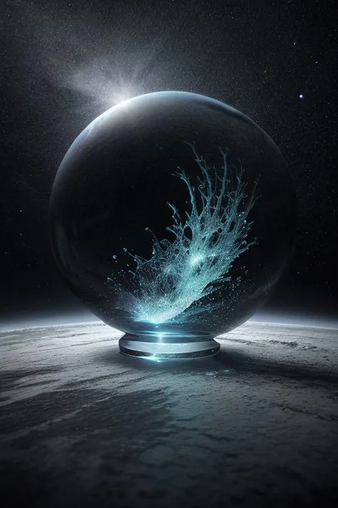 On a blue starry background , a single magic water droplet ripples on the surface of a planet looking like a crystal clear water globe, absurdres, perfect transparency, ethereal, origins of Life, (Use Dream Diffusion Secret Prompt)