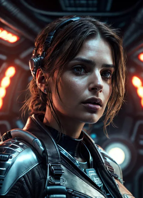 close up photo of sks woman, rugged space trucker, inside industrial spaceship, futuristic science fiction, action scene, digital concept art, realistic, intricate detailed textures, filmic, cinematic, environmental character portrait, <lora:locon_emilyratajkowski_v1_from_v1_64_32:1.25>