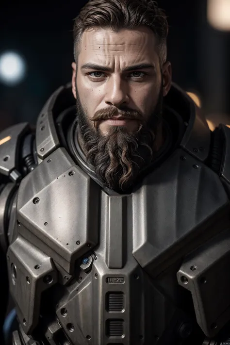close up Portrait photo of muscular bearded guy in a worn mech suit, ((light bokeh)), intricate, (steel metal [rust]), elegant, sharp focus, photo by greg rutkowski, soft lighting, vibrant colors, masterpiece, ((streets)), detailed face
