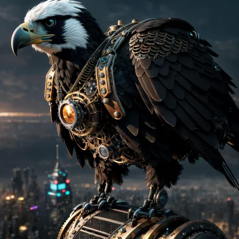 close up of a breathtaking eagle as a ((steampunk cyborg bird)), (made of hexagons), city in the background, (mechanical:1. 1), (cyberpunk:1. 1), (intricate details:1. 3), (metallic texture:1. 1), (futuristic:1. 2), (centered), (best quality), hauntingly beautiful, on eye level, highly detailed, scenic, masterpiece, (epic composition), rule of thirds, (octane render), 4k, trending on Pinterest