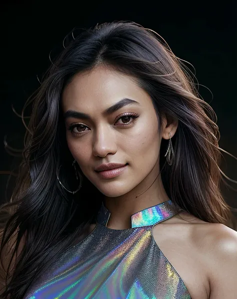 beautiful woman (Koh_FlorenceFaivre:.99), beautiful hair, elegant, ( cosmic) , hair blowing in wind, wind lift, natural skin texture, (<lora:conceptHolographic_holographicClothing:0.6:IND>holographic clothing, holographic, dress), sunset, cute smile, 24mm, 4k textures, soft cinematic light, adobe lightroom, photolab, hdr, intricate, elegant, highly detailed, sharp focus, ((((cinematic look)))), soothing tones, insane details, intricate details, hyperdetailed, low contrast, soft cinematic light, exposure blend, hdr, faded,