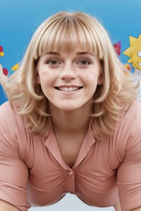(hyper-bodybuilder smiling Cristina-Hendricks-Emma-Watson-ed Argentina Lisa Simpson puffed on hiper steroids with thick large massive stacked deep firm straight ((large blunt bangs:1.2)) albino blonde hair), 20yo blonde happy pretty girl, natural blonde, booth babe, (applied well behaved student),
hard abs,
big muscles, (muscular tone:1.3),
(largest roundest fullest mighty saturated serious proud bulging hardest upright impressive gargantuan gigantic unbelievable oversized overgrown overwhelming round upright tighten
tightest bosom ever seen by far :1.5), (alluring provocative close up:1.8), (from the side),
(straight cut blunt natural blonde bangs), large steak ponytail,
(Sparkling eyes, eyes reflecting energy and enthusiasm,
Cheerful and playful look, conveying a playful and fun spirit stile, innocence look and wisdom, showing her process of growth and self-discovery animosity), perfect wide smile, white teeth, brightest smile,
( Wearing appropriate kindergarten clothes :1.6), belt, chocker,(muscular tight kindergarten cargo pants:1.3), (in a daylight club), (blushing shy hard supportless freckled skin:1.3), (real lovely endearing expression :1.5),