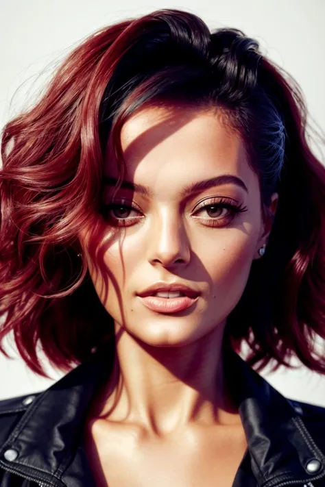 editorial portrait of a woman,(beberexha_ti_v1-3700),(red curly hair:1.2),Masterpiece, absurdres, award winning photo of candices, wearing a black jacket,extremely detailed, amazing,clean, fine detail, extremely detailed eyes and face,smiling, flirting,by helmut newton, nikon d850, film stock photograph, 4 kodak portra 400 camera, f1.6 lens, rich colors, hyper realistic, dramatic lighting,  trending on artstation, cinestill 800 tungsten, beautiful woman