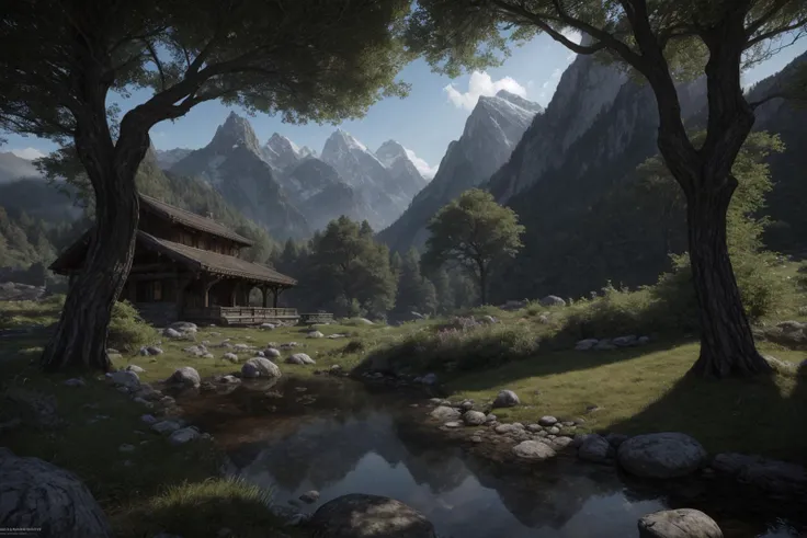 best quality, masterpiece, a hidden sanctuary in the mountains, where rare and magical animals seek refuge, realistic, concept art, cinematic, diffused lighting, highly detailed, 8k, best quality, (photorealistic:1.2), 4k, perfect quality