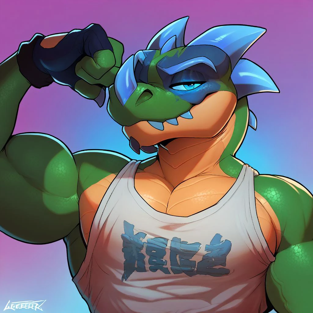 zPDXL,
solo, male focus, big bicep, large pectorals, long neck, broad shoulders, muscle posing, vergence (kabscorner), green body, scales, scales, blue eyes, muscular male, blue markings on face, bedroom eyes, blue horns on head, one nose horn, (blue horn:0.5), flexing, perfect physique, bodybuilder, veiny muscles, loose tanktop, pectoral focus, looking at viewer, bara, fingerless gloves, sweaty,
<lora:kabsraptorxl:0.83> <lora:Voidlesky:0.7> <lora:Pectoral-Focus-v2-Pony-XL-v6:1> <lora:incase_style_v3_ponyxl_ilff:0.4> <lora:128dimTurbomaleV7_128:1>