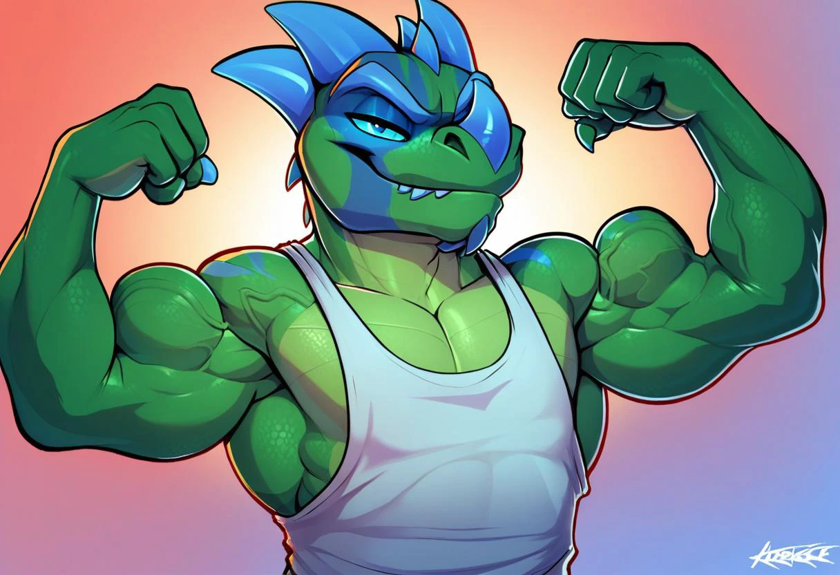 zPDXL,
solo, male focus, big bicep, closeup of vergence's flexed arm, vergence (kabscorner), green body, scales, scales, blue eyes, muscular build, blue markings on face, bedroom eyes, blue horns on head, one nose horn, (blue horn:0.5), flexing one bicep, perfect physique, bodybuilder, athlete, veiny muscles, loose tanktop,
<lora:kabsraptorxl:0.9> <lora:bodybuildingsex:1> bodybuildingsex <lora:PonyQuality_V3.3:1>