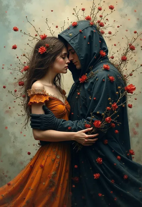 split image, innocence and the executioner, artistic, surreal and abstract, whinsical imagination, dream of dualism, soft and hard, opposites, creative visualisation of a drama, terrible scenery