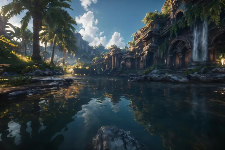 (8k, RAW photo, best quality, masterpiece:1.2), (realistic, photo-realistic:1.37), octane render, ultra high res, ultra-detailed , professional lighting, photon mapping, radiosity, physically-based rendering, ue5, ((island sanctuary)), ((ancient fallen kingdom)), ((reflections in water)), ((raytracing)), ((drowned city))