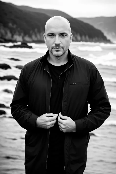 b&w photo of 42 y.o man in black clothes, bald, face, half body, body, high detailed skin, skin pores, coastline, overcast weather, wind, waves, 8k uhd, dslr, soft lighting, high quality, film grain, Fujifilm XT3
