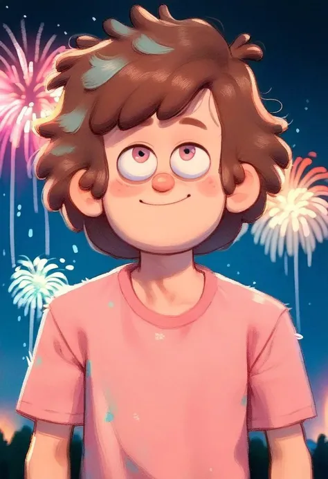 score_9_up, score_8_up, score_7_up, source_cartoon, dipper, 1boy, solo, mint pink straight fuzzy hair, mint pink eyes, tiny smile, mint pink shirt outfit, hands down, fireworks, upper body:1.9, rating_safe, ArsMJStyle, impressionism