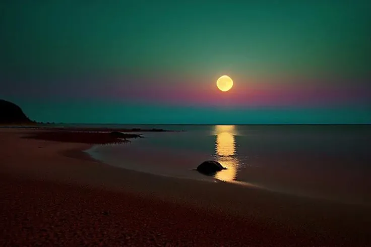 night scene, hazy moonrise over a luminescent tide on a rocky beach, hand-colored, aqua tinted