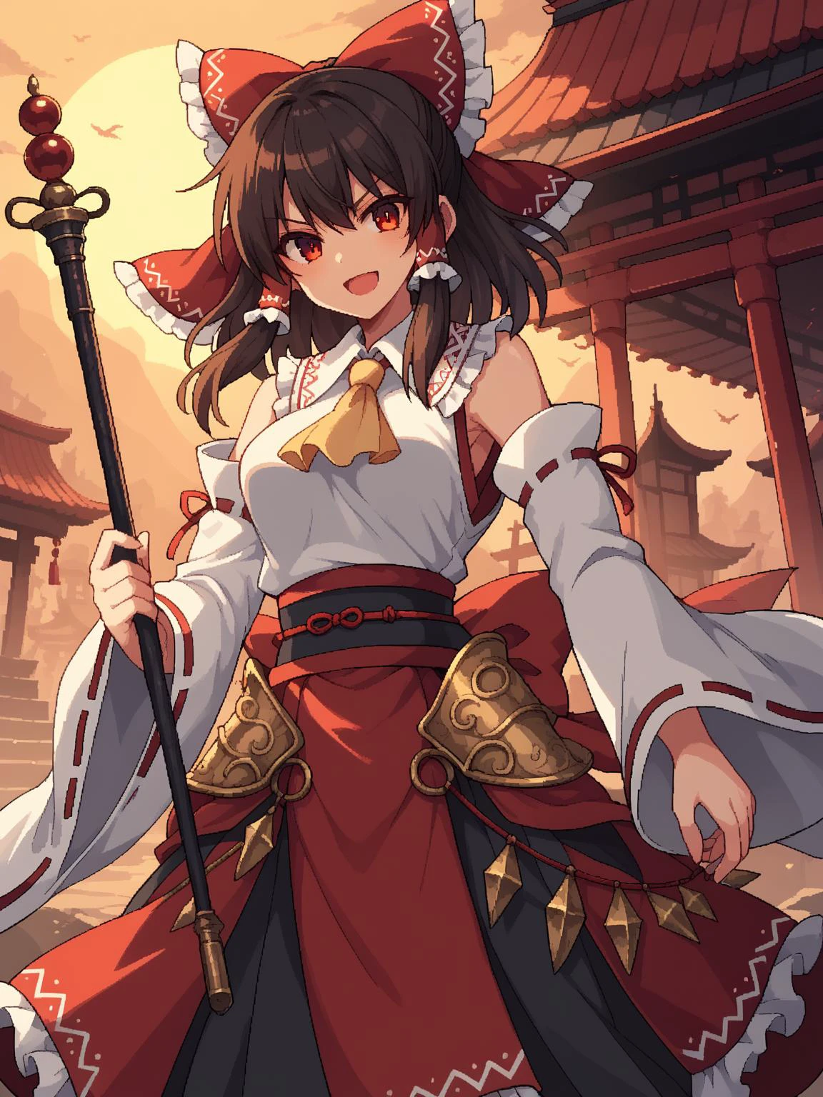 score_9,score_8_up,score_7_up,2D,
<lora:touhou_146:0.1>,Reimu Hakurei,1girl,ascot,blunt_ends,brown_hair,frilled_hair_tubes,frills,hair_tubes,hakurei_reimu,adult,medium breasts,
battle dress,chainmail undershirt,metal gantlets,wearing suit of armor,heavy armor,metal pads,armor,red and white armor,bare_shoulders,huge red bow,layered cloth,heavy clothing,armored,fantasy armor,
isekai town,fantasy town,detailed background,shrine background,
day break,purification rod,gohei,holding gohei,staff,
determined look,slight smile,happy,
close up,zoom in,
<lora:d3p1x3lXLP:0.5>,d3p1x3l,pixel art,<lora:merunyaa_style_ponyxl_v1_unet_resized:0.6>,merustyle,