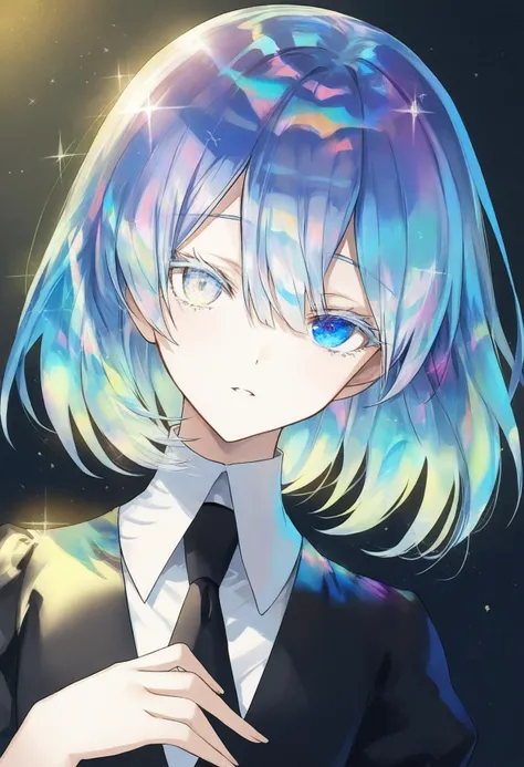 newest, absurdres, highres, sensitive, 1other, diamond \(houseki no kuni\), gem uniform \(houseki no kuni\), solo, necktie, other focus, short hair, black necktie, androgynous, white hair, shirt, looking at viewer, collared shirt, colored eyelashes, black background, white shirt, crystal hair, hair between eyes, parted lips, upper body, portrait, white eyes, blue eyes, glowing hair, multicolored hair, multicolored eyes, high collar, multicolored hair, rainbow hair, head tilt, heterochromia, glint, simple background, glowing skin, sparkle, colored tears, masterpiece, best quality,
artist:rella, artist:infukun, artist:akakura, artist:rella, artist:infukun, artist:akakura,