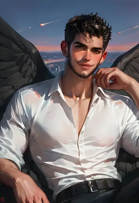 aaPO8m1n1,score_9, score_8_up, score_7_up, score_6_up, score_5_up, score_4_up,1boy,detailed face,(male focus:1.2),charming,attactive,black hair,beard, solo,business pants, open white shirt,see-through, slender, chest peek,hairy, (cross-legged),(formal business),(sleek_leather_shoes:1.2), look at viewer, black socks, (hanging on overhanging cliff),skyline,cloud, night, (halo:1.2),("black angle wings":1.7), (brown eye),(realistic photo:1.8),latino, (smile)