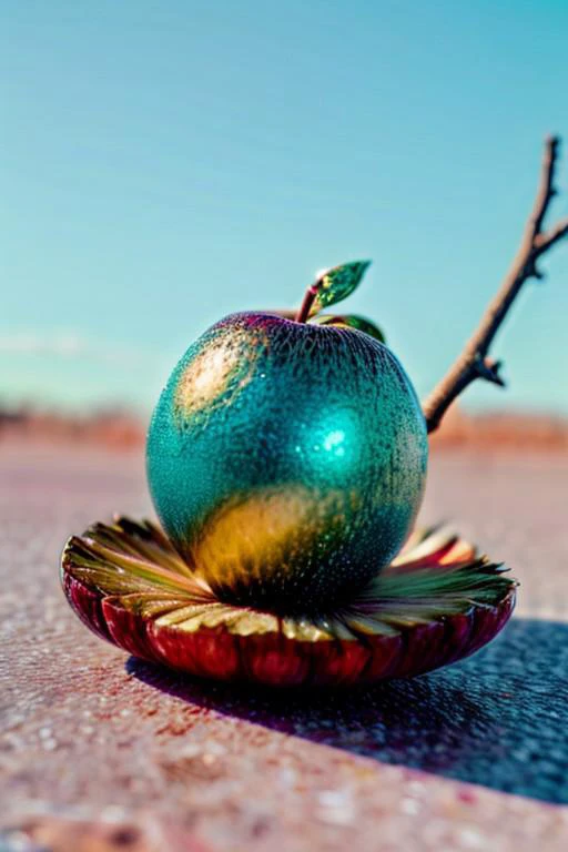 apple made of transparent ice, micro, focus, beach made of emeralds
