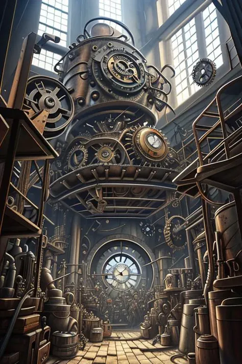 A cluttered steampunk inventor's workshop filled with gears, cogs, and copper pipes. A large mechanical clock ticks on the wall, while the inventor, dressed in a leather apron and goggles, works on a half-finished automaton. Sunlight streams through a window, highlighting the intricate machinery and the smell of oil and metal in the air