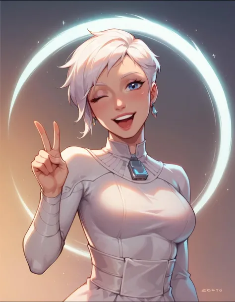 <lora:Smooth Anime Style LoRA XL:1> <lora:princess_xl_v2:1> <lora:briannakotor2:1>
score_9, score_8_up, score_7_up, zPDXL,
1girl, briannakotor, white robes, 1girl, solo, short white hair, happy winking face, making peace signs, high tech sci-fi corridor background