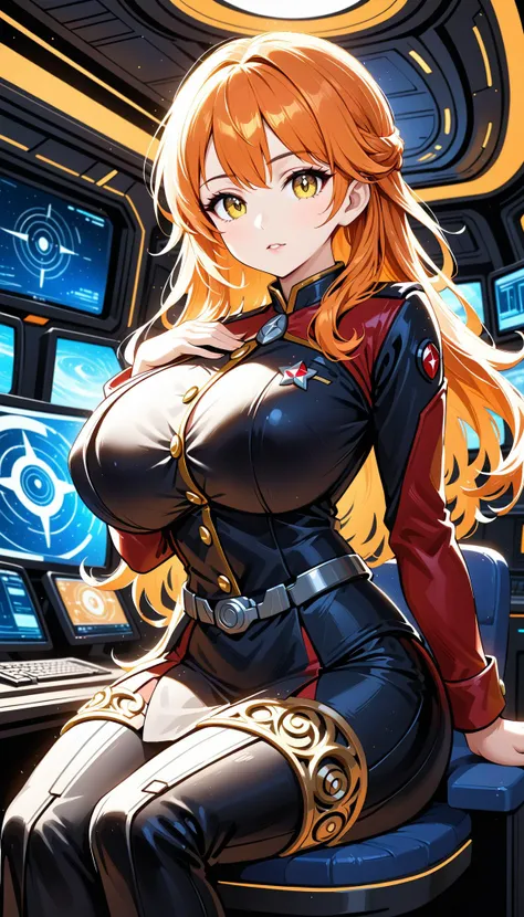 1girl, beautiful yellow eyes, orange hair, hand on own chest, star trek uniform, large breasts, bursting breasts, sitting, ship interior, monitor, beautiful metalwork, filigree, best quality,
<lora:add-detail-xl:1> <lora:DetailedEyes v3.0:1> <lora:fantasy_world:0.8> semi-realistic,