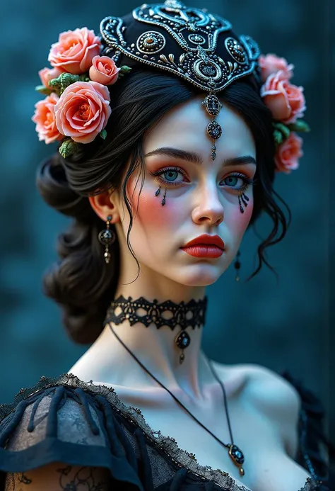 work of art, Arcane Jinx, intricately detailed background, (ultra HD, 8 k wallpaper, high resolution), cinematic lighting, awardwinning, extremely high detailed skin, Extra detailed face, high detail eyes, photorrealistic, Zeiss 85 mm F/1.4, by Ellen von Unwerth