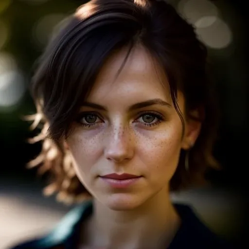 Bokeh, raw, ((dappled light on face)), close portrait, (extreme skin details), skinny (30yo Scottish woman), ultra realistic, rule of thirds, dramatic overhead lighting, detailed face, cute, shallow depth of field, intricate details, god rays,