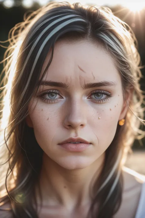 RAW photo, photography, photorealistic, Bokeh, raw, ((streaked sunlight over face)), close portrait, (extreme skin details), skinny (30yo Scottish woman), ultra realistic, rule of thirds, dramatic overhead lighting, detailed face, cute, shallow depth of field, intricate details, god rays, light leaks