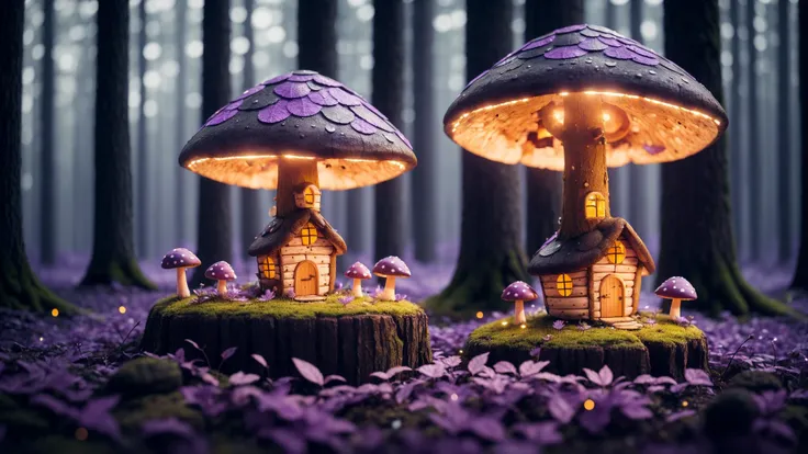 there is a mushroom (house) in a purple leafed forest. (there are shining (yellow) light particles in (everywhere)), magical forest palette, night, dark, CGI unity wallpaper, 8k, ultra detailed, fairytale, depth of field, bokeh