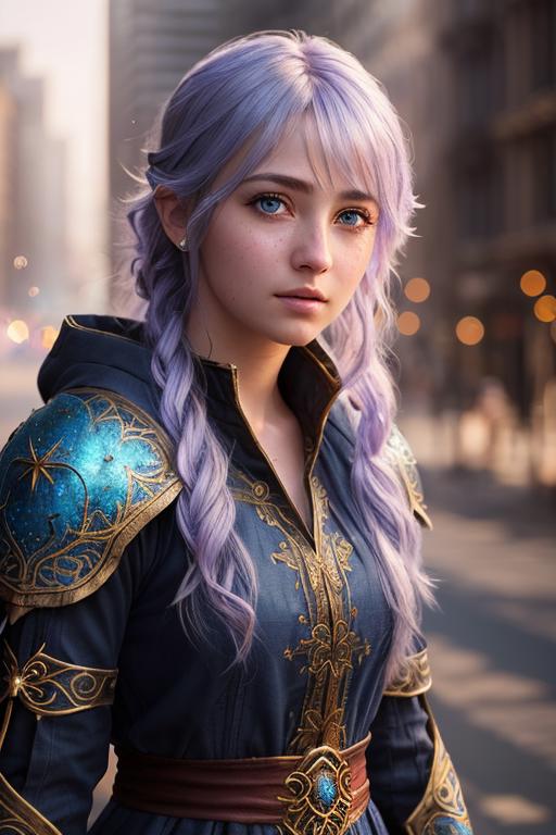 A woman with purple hair and blue eyes wearing a blue dress - SeaArt AI