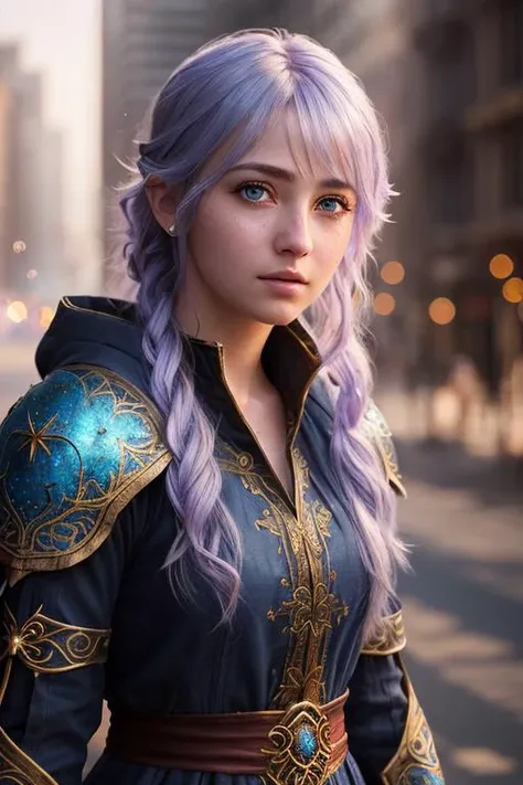 fantasy RPG, young female, mage, messy hair, mage outfit, surrounded by aura, in city, dawn, detailed skin, RAW photo, hdr, (photorealistic:1.4), (hyperrealistic, realistic, extremely delicate and beautiful:1.3), (realistic face, realistic hair:1.2), dslr, photography, (detailed face), depth of field,