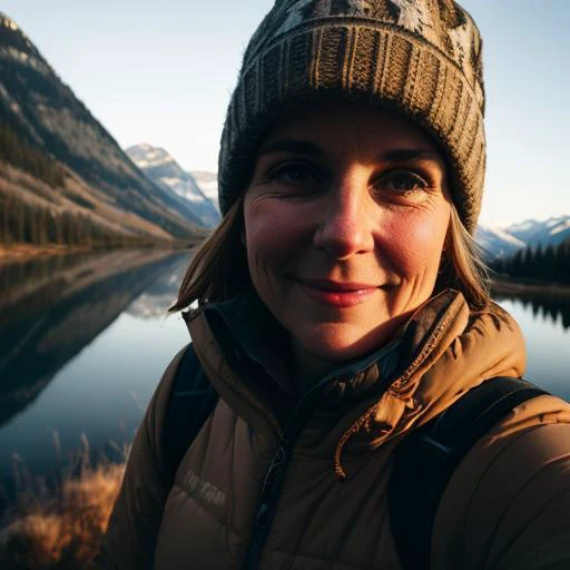 1 woman((upper body selfie, happy)), masterpiece, best quality, ultra-detailed, solo, outdoors, (night), mountains, nature, (stars, moon) cheerful, happy, backpack, sleeping bag, camping stove, water bottle, mountain boots, gloves, sweater, hat, flashlight, forest, rocks, river, wood, smoke, shadows, contrast, clear sky, analog style (look at viewer:1.2) (skin texture) (film grain:1.3), (warm hue, warm tone) :1.2), close up, cinematic light, sidelighting, ultra high res, best shadow, RAW, upper body, old man, wearing pullover