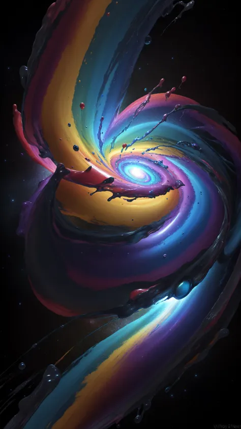 a dramatic 3d render of a galaxy vortex, paint drips, splashing colors, professional photography, studio quality, flat background