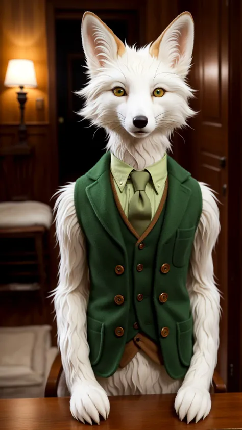 cinematic lighting, a film still from the set of Wes Anderson's Fantastic Mr. Fox, Nikon D3 Camera, Cooke Varotal Lenses, (white fur:1.1) fox, detailed fur, wearing a cardigan, (whiskers:1.2), happy, smile, blushing, detailed (green eyes:1.1), (fuzzy:1.2), stop motion, claymation, professional photography, absurdres, hyperrealistic, grassy hilled background