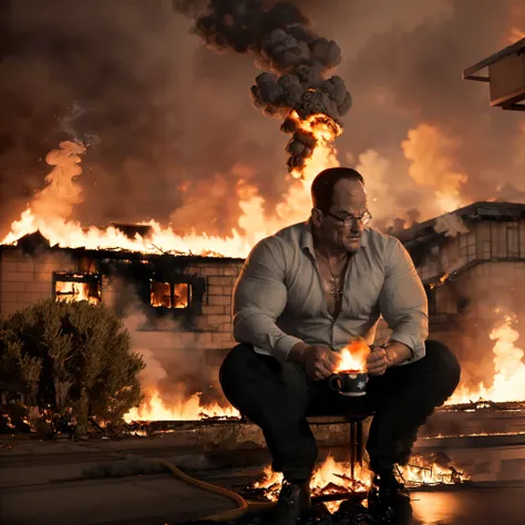 house burning to the ground, fiery hell, man sitting at table with a mug full of cofee, burning, fire, smoke, ((smoking)), cigarette, <lora:senatorArmstrong:1>, senatorarmstrong, muscular male, speech bubble,