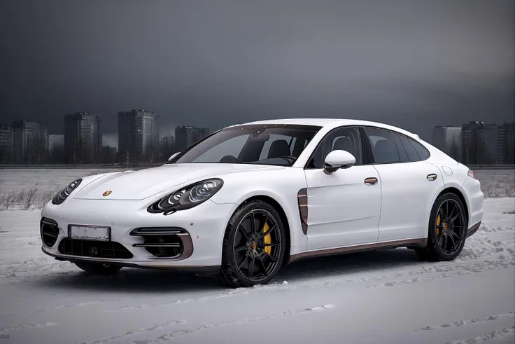 <lora:russianebenya_v2:1> (white Porsche Panamera) in snowy russianebenya