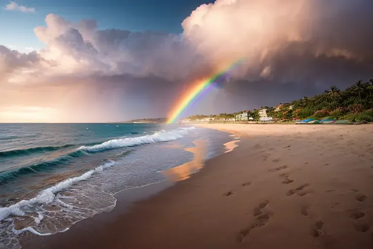 A stunning photograph of beach and rainbow,golden hour lighting,cloudy,happy,Photography, Photo Realistic, by Carr Clifton, by Greg Rutkowsky, Erik Johansson, Phil Koch, Joel Sternfeld, Kevin McNeal, Richard Mosse, highly detailed,8K, HDR, DSLR Camera, Fuji Film, National Geographic, Epic Composition