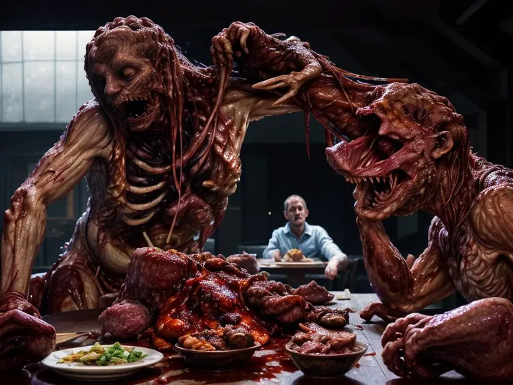 masterpiece,best quality, ultra detailed,highres,high-resolution,4k,4k portrait,8k,8k portrait,unity 8k wallpaper,extremely detailed CG,unity 8k wallpaper,realistic,RAW photo,real person, portrait photography,photorealistic,shiny skin,detailed skin,
Two men and a woman are trying to carve a huge strange lump of meat with a knife and fork on a plate on a small table in a fine restaurant in Provence, France, the man is wearing a casual white collar shirt, the woman a summer dress, it is night and dark outside, the restaurant is lit by electric lights hanging from the ceiling, illuminating the man and woman in the darkness. A large amount of blood is pouring from the lump of meat on the table, running from the table to the floor, and the man and woman are covered in a large amount of blood on their clothes,30 for men and 26 for women,Men and women smile and chat and look at the mass of flesh,(The room is filled with large chunks of meat, like dinosaur meat:1.3),
Stylish restaurant, big plates, (Huge chunks of meat:1.7), bottles of red wine, wine glasses, men and women sitting on chairs,Blood,Clothes with blood,(smil:1.5),teeth,(dark room:1.5),
close-up portrait,
<lora:BodHor-V1:1>,disgusting body horror creature meat, <lora:reelhorror2:1> reelhorror, blood, humanoid, tentacles, creature, monster, dismembered,
