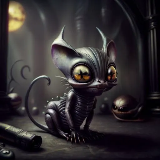 8k,photography,canon 5D MarkII camera style,85mm,f5.6,a happy black cat,all black cat,tail up,1tail,golden eyes,sharp triangular face,large pointed ears,wearing a black collar imprinted with small golden stars,cat is playing in a metal room with a small rope ball,1cat,midday,<lora:CuteCreatures:1>,<lora:Biomechanicals_v2_lora1500:1.6>,
