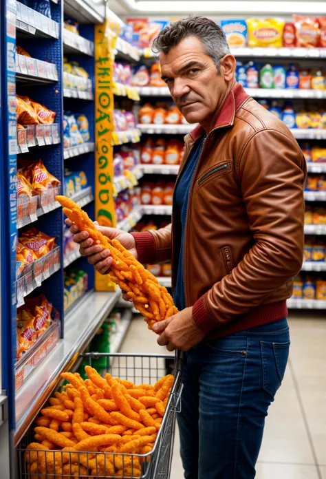 a photo of Antonio Banderas in a convenience store buying Cheetos, lifelike texture, dynamic composition, Fujifilm XT2, 56mm F1.2, 1/80 shutter speed, (bokeh)