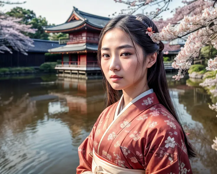 (raw photo, masterpiece, best quality, high detail), (8k, full frame, hdr, photorealistic), photo of a beautiful japanese woman in traditional clothing, (vintage film style), 19th century, edo period, candid, pond, cherry blossoms, masterpiece, detailed face, detailed eyes, detailed skin