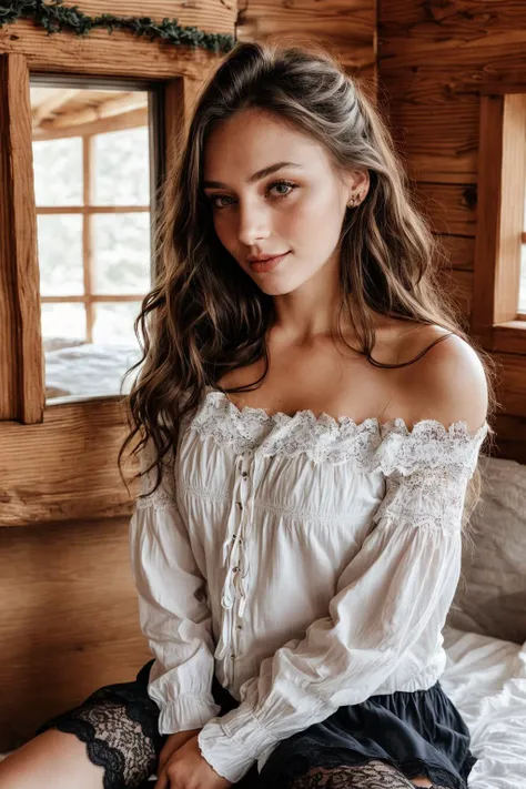 Photo of a young woman wearing a rough shirt with off shoulder and lace trim in a cabin, fireplace, long hair, beautiful face, stockings, open mouth,
high quality, natural colors, insane details, looking to the viewer, blurry