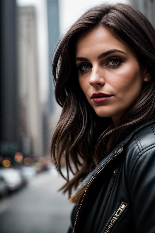 dark and gloomy, 8k, a close up photo of the brunette with new york city behind her, lifelike texture, dynamic composition, Fujifilm XT2, 85mm F1.2, 1/80 shutter speed, (bokeh), high contrast
