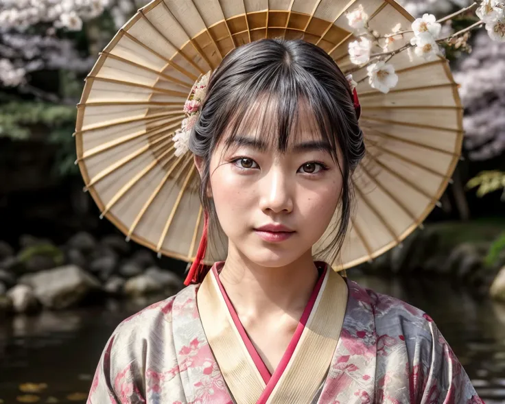 (raw photo, masterpiece, best quality, high detail), (8k, medium shot, photorealistic), photo of a beautiful japanese woman in traditional clothing, (vintage film style), 19th century, edo period, candid, pond, cherry blossoms, masterpiece, detailed face, detailed eyes, detailed skin