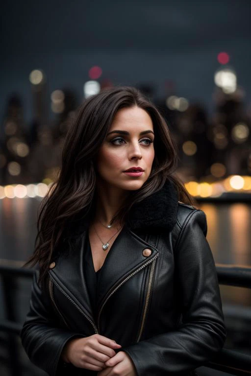 dark and gloomy, 8k, a close up photo of the brunette with new york city behind her, lifelike texture, dynamic composition, Fujifilm XT2, 85mm F1.2, 1/80 shutter speed, (bokeh), high contrast