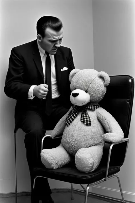 A 1960s photograph of an angry mafia member interrogating a teddy bear bound to a chair, analog style, black and white, film grain