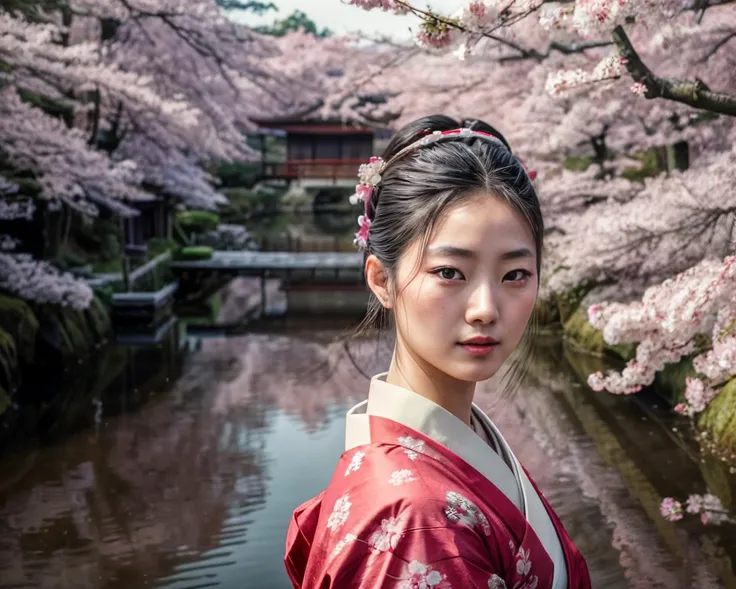 (raw photo, masterpiece, best quality, high detail), (8k, medium shot, photorealistic), photo of a beautiful japanese woman in traditional clothing, (vintage film style), 19th century, edo period, candid, pond, cherry blossoms, masterpiece, detailed face, detailed eyes, detailed skin