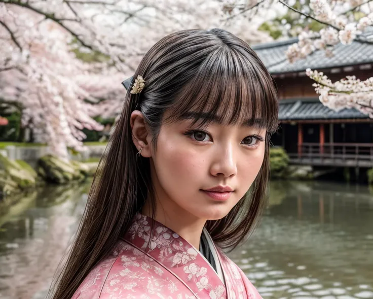 (raw photo, masterpiece, best quality, high detail), (8k, medium shot, photorealistic), photo of a beautiful japanese woman in traditional clothing, (vintage film style), 19th century, edo period, candid, pond, cherry blossoms, masterpiece, detailed face, detailed eyes, detailed skin